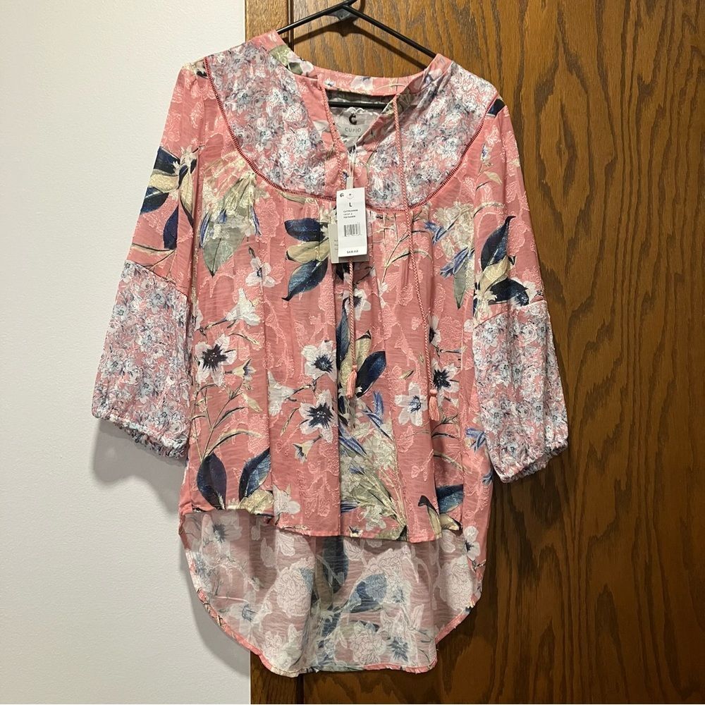 Cupio Satin Mixed Media Boho Floral Blouse NWT Large